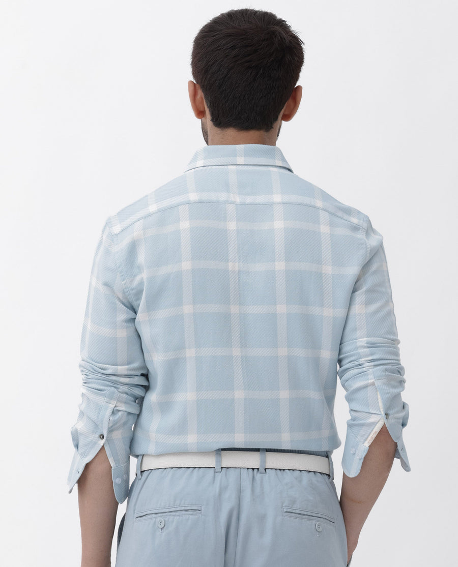 Rare Rabbit Men's Pierce Light Blue Cotton Blend Checked Print Regular Fit Full Sleeve Collared Shirt