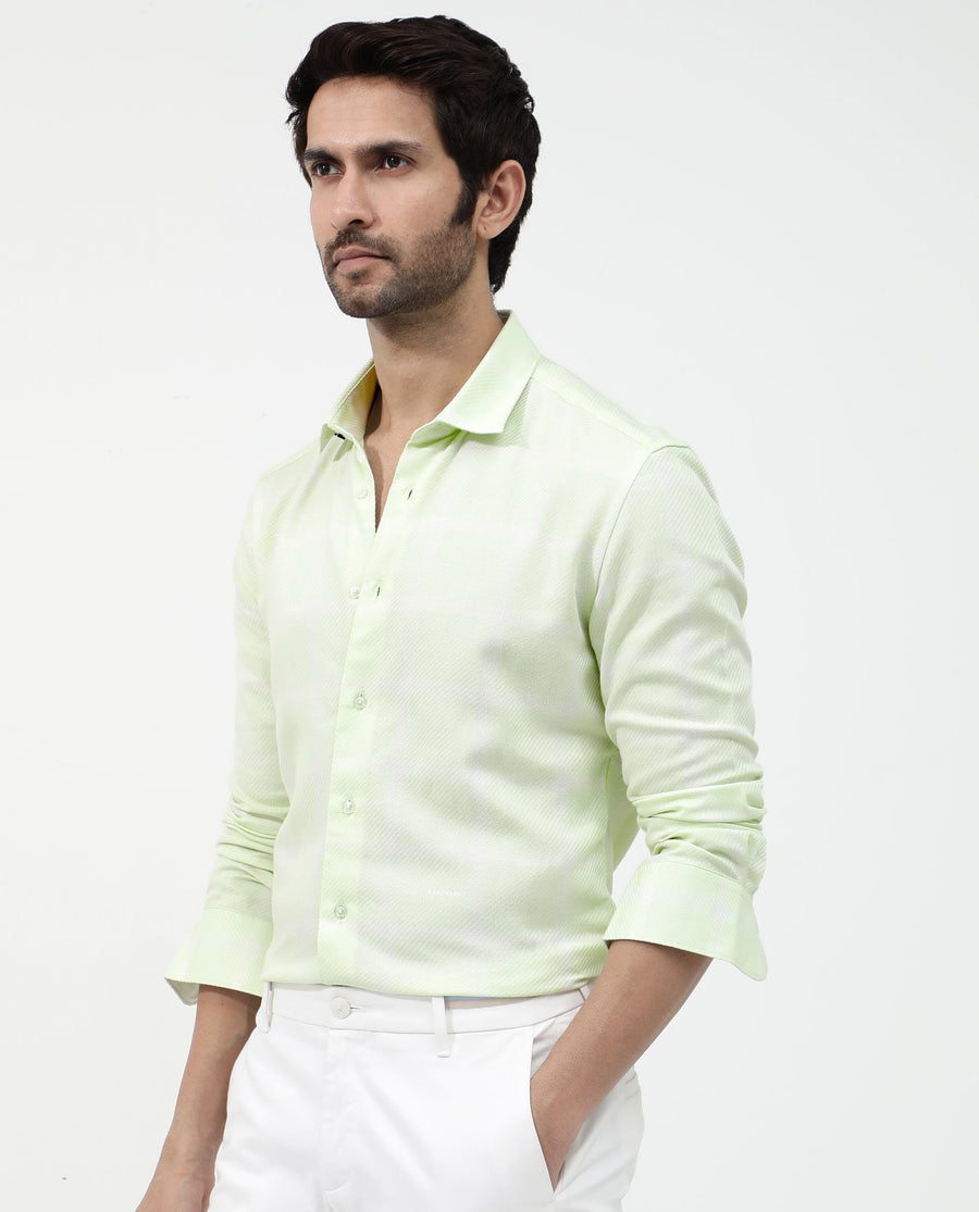 Rare Rabbit Men's Pierce Light Green Cotton Blend Checked Print Regular Fit Full Sleeve Collared Shirt