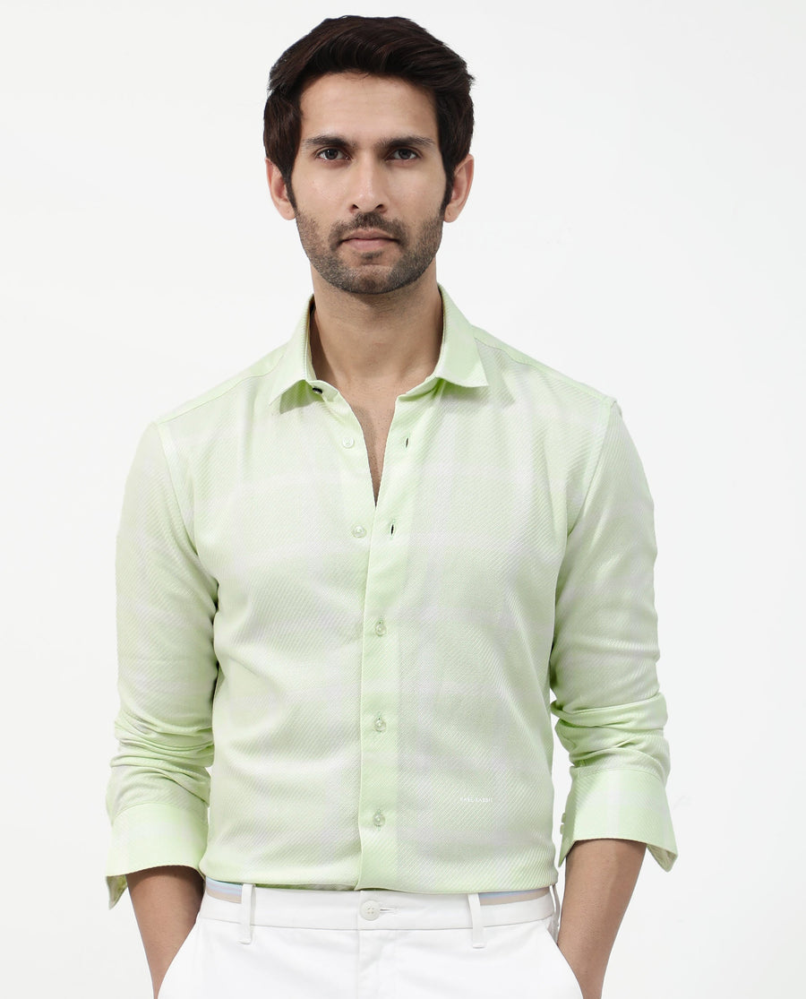 Rare Rabbit Men's Pierce Light Green Cotton Blend Checked Print Regular Fit Full Sleeve Collared Shirt