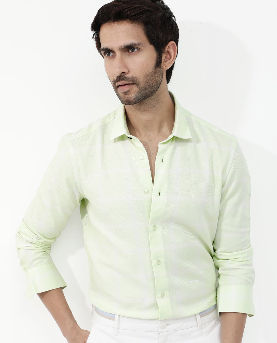 Rare Rabbit Men's Pierce Light Green Cotton Blend Checked Print Regular Fit Full Sleeve Collared Shirt