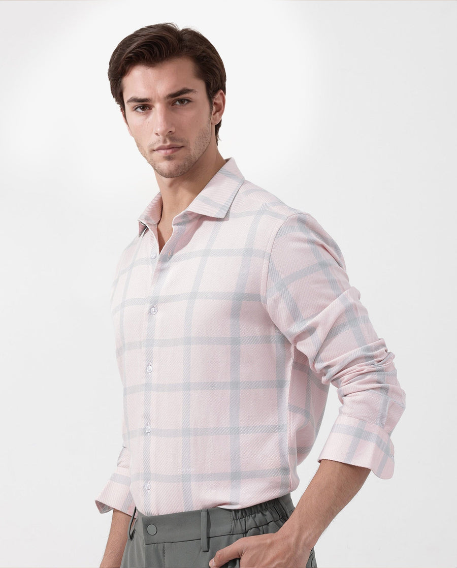 Rare Rabbit Men's Pierce Pink Cotton Blend Checked Print Regular Fit Full Sleeve Collared Shirt