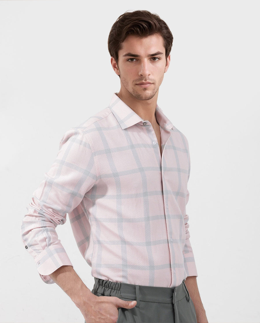 Rare Rabbit Men's Pierce Pink Cotton Blend Checked Print Regular Fit Full Sleeve Collared Shirt