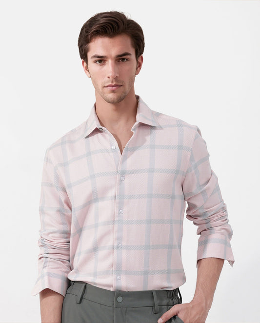 Rare Rabbit Men's Pierce Pink Cotton Blend Checked Print Regular Fit Full Sleeve Collared Shirt