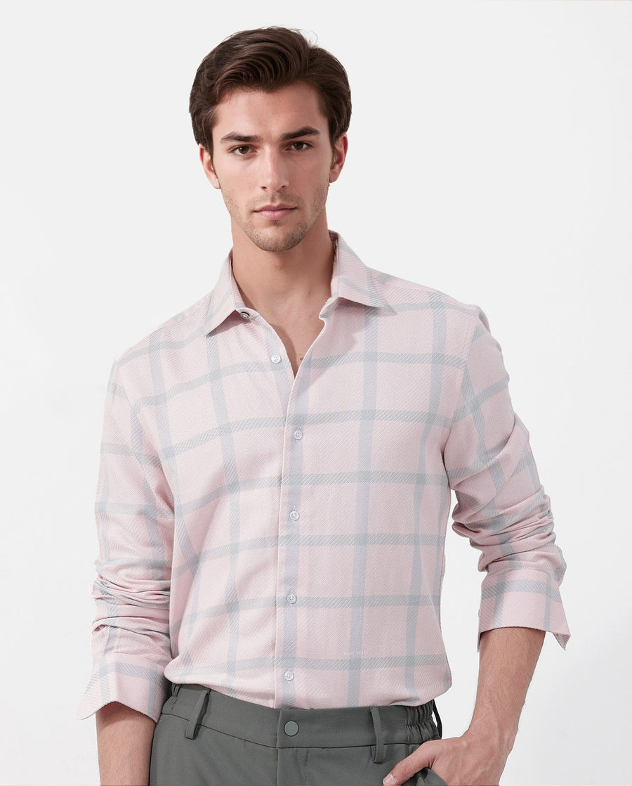 Rare Rabbit Men's Pierce Pink Cotton Blend Checked Print Regular Fit Full Sleeve Collared Shirt