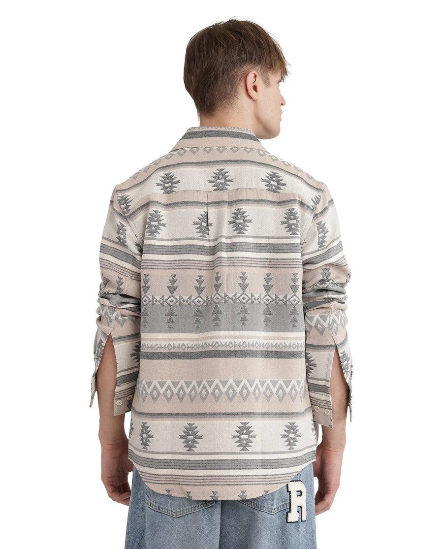 Rare Rabbit Men's Pinter Beige Cotton Jacquard Relaxed Fit Full Sleeve Collared Shirt