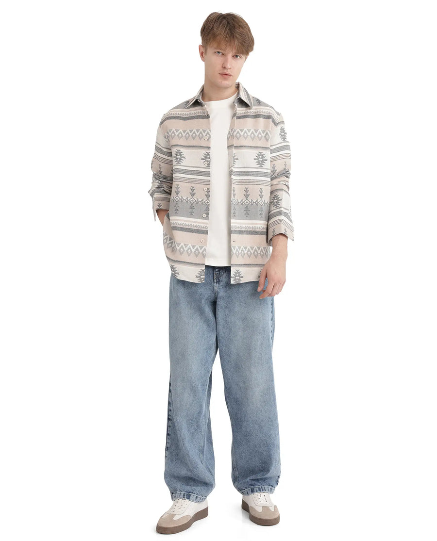 Rare Rabbit Men's Pinter Beige Cotton Jacquard Relaxed Fit Full Sleeve Collared Shirt