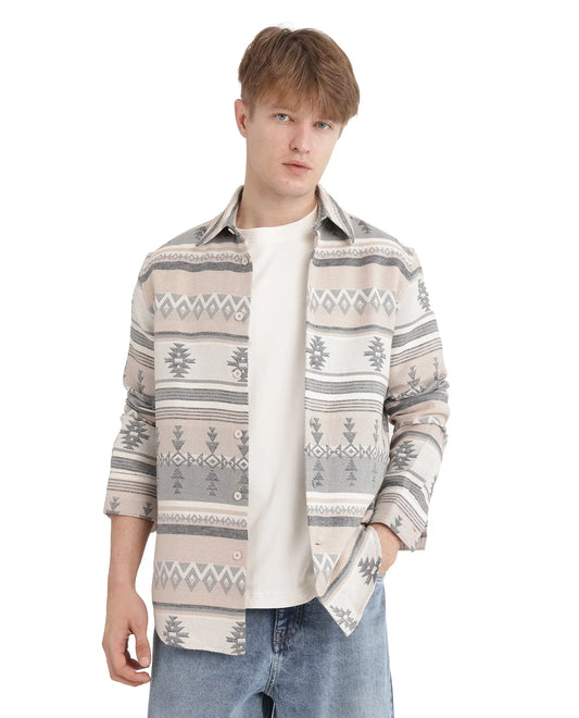 Rare Rabbit Men's Pinter Beige Cotton Jacquard Relaxed Fit Full Sleeve Collared Shirt