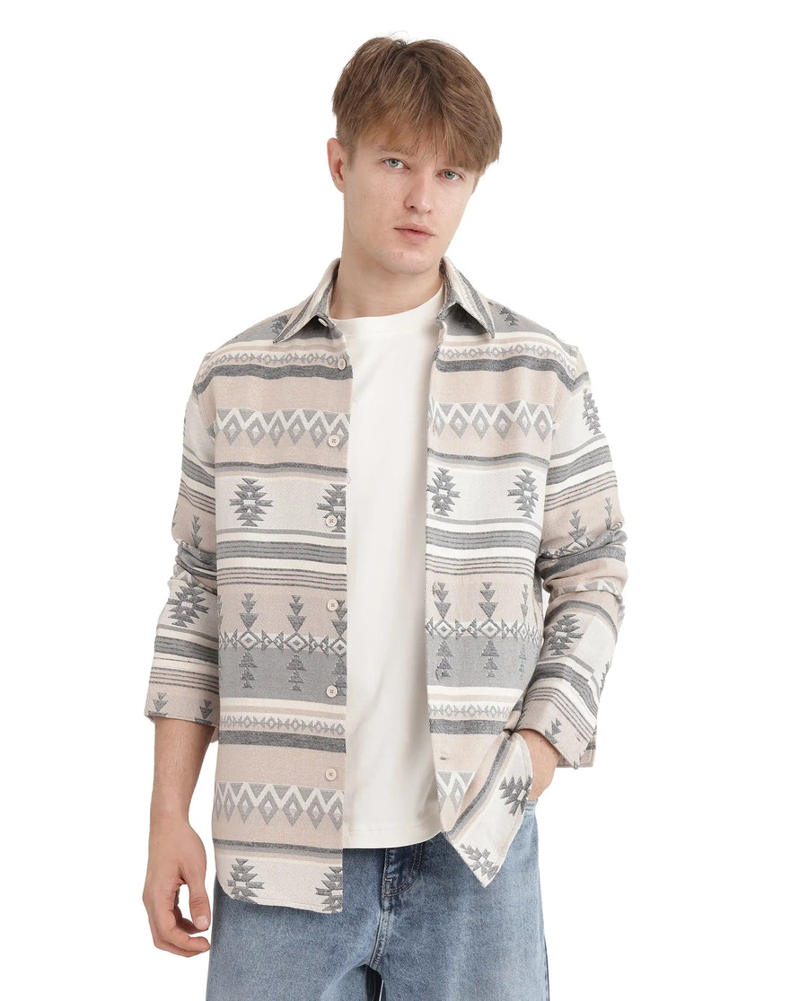 Rare Rabbit Men's Pinter Beige Cotton Jacquard Relaxed Fit Full Sleeve Collared Shirt