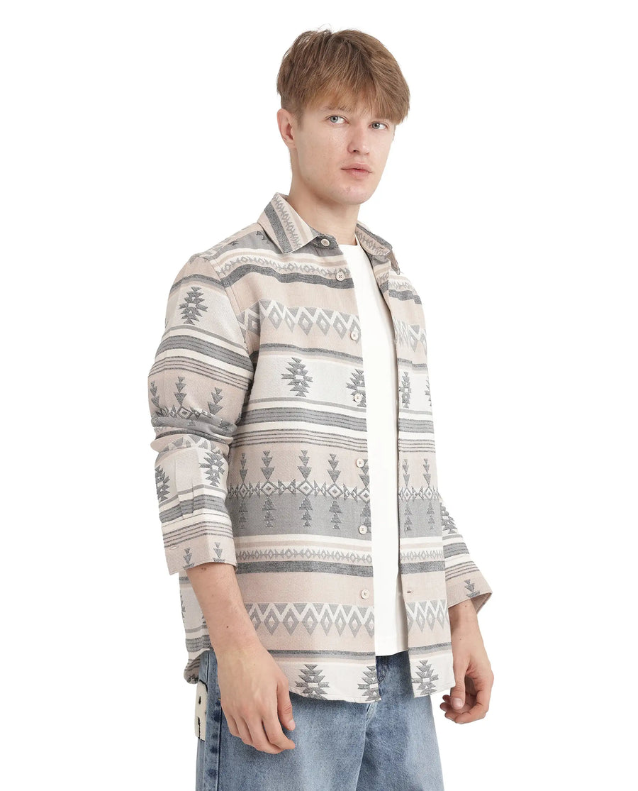 Rare Rabbit Men's Pinter Beige Cotton Jacquard Relaxed Fit Full Sleeve Collared Shirt