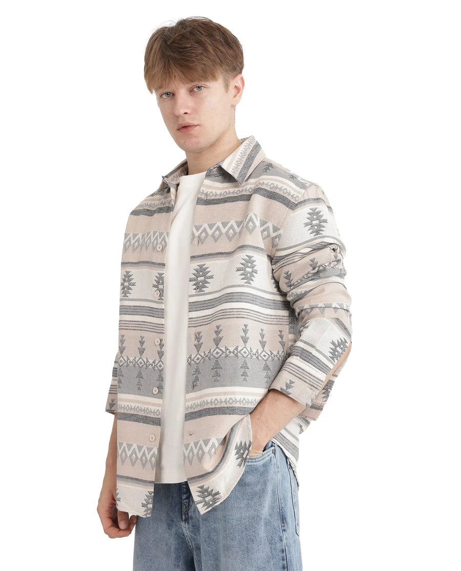 Rare Rabbit Men's Pinter Beige Cotton Jacquard Relaxed Fit Full Sleeve Collared Shirt
