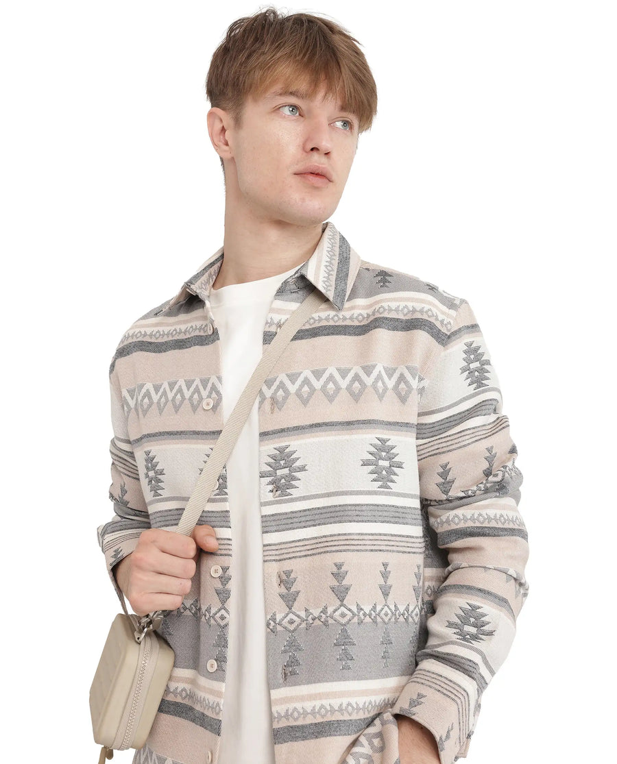 Rare Rabbit Men's Pinter Beige Cotton Jacquard Relaxed Fit Full Sleeve Collared Shirt