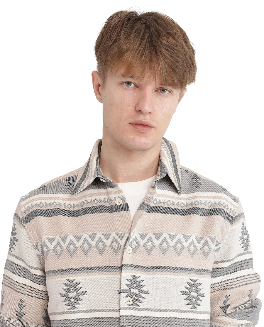 Rare Rabbit Men's Pinter Beige Cotton Jacquard Relaxed Fit Full Sleeve Collared Shirt