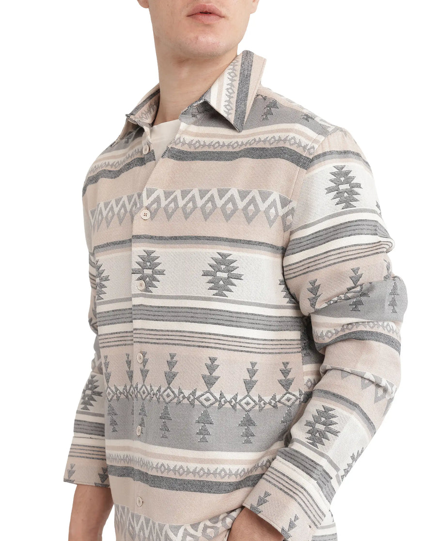 Rare Rabbit Men's Pinter Beige Cotton Jacquard Relaxed Fit Full Sleeve Collared Shirt