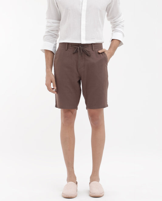 Rare Rabbit Men's Pinto Brown Cotton Plain Regular Fit Shorts