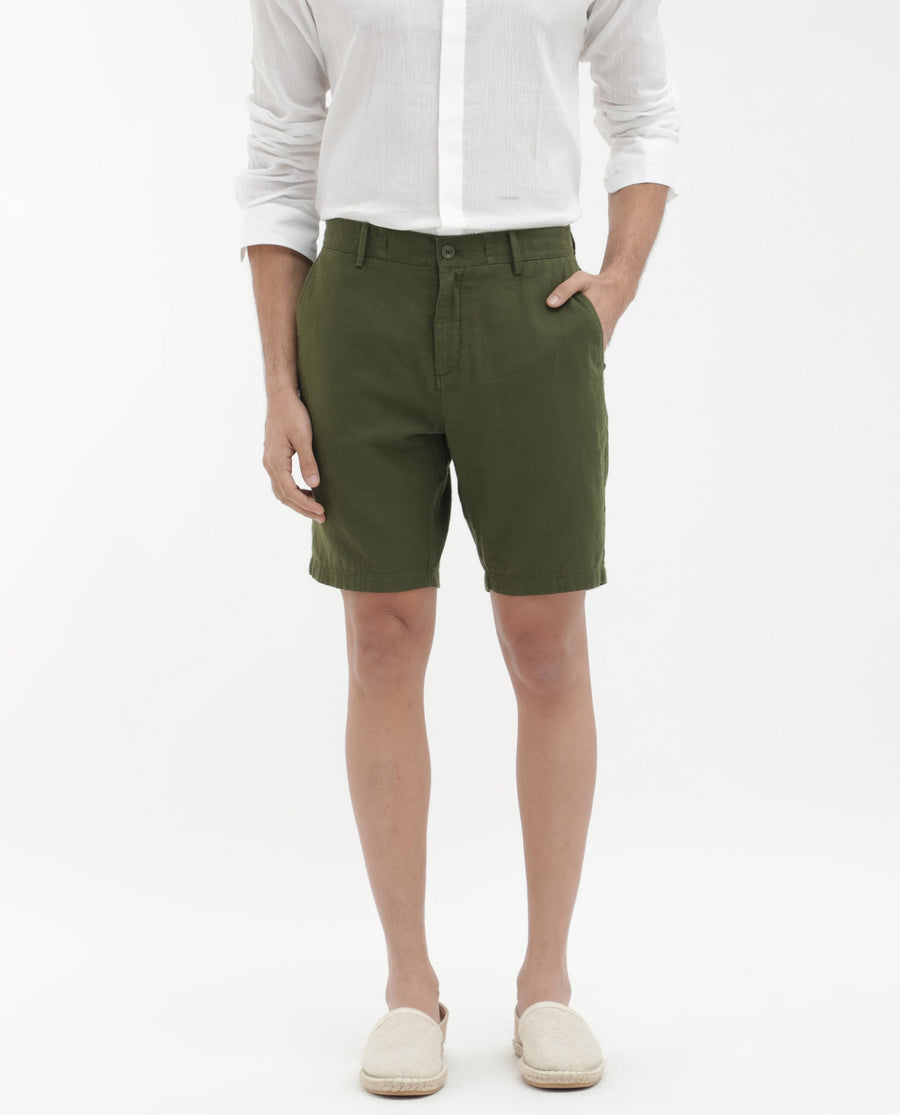 Rare Rabbit Men's Pinto Olive Cotton Plain Regular Fit Shorts