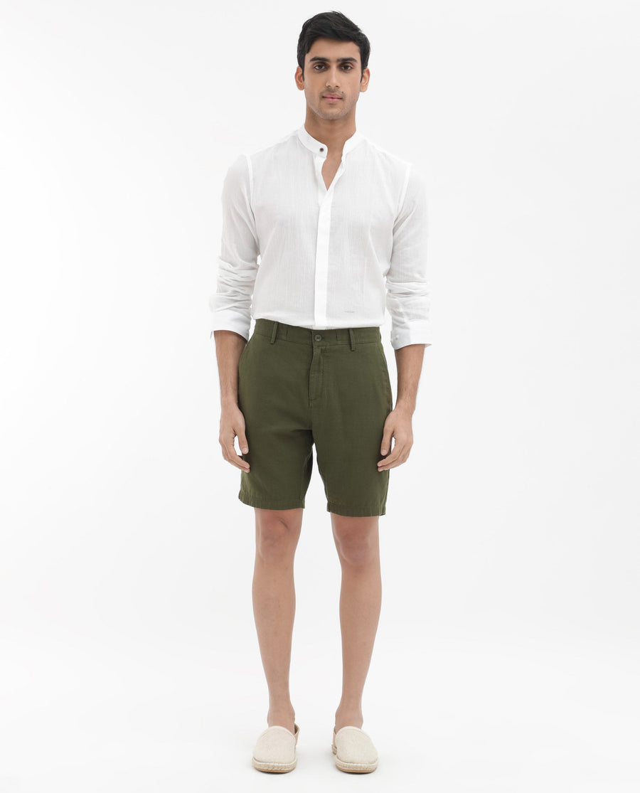 Rare Rabbit Men's Pinto Olive Cotton Plain Regular Fit Shorts