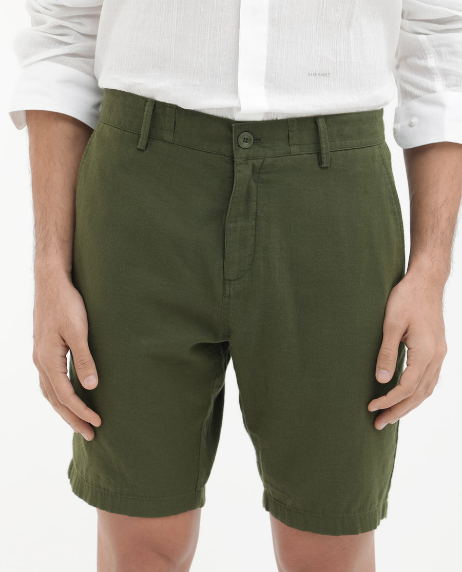 Rare Rabbit Men's Pinto Olive Cotton Plain Regular Fit Shorts