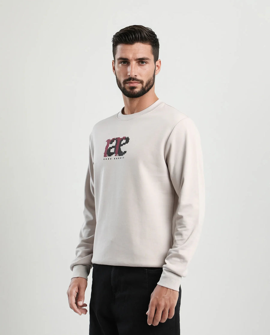 Rare Rabbit Men's Pixen Light Beige Cotton Blend Graphic Print Regular Fit Full Sleeve Crew Neck Sweatshirt