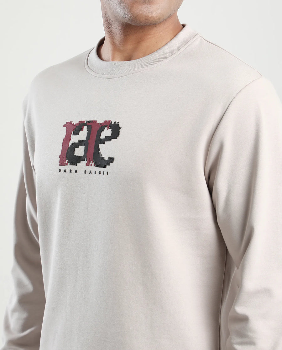 Rare Rabbit Men's Pixen Light Beige Cotton Blend Graphic Print Regular Fit Full Sleeve Crew Neck Sweatshirt