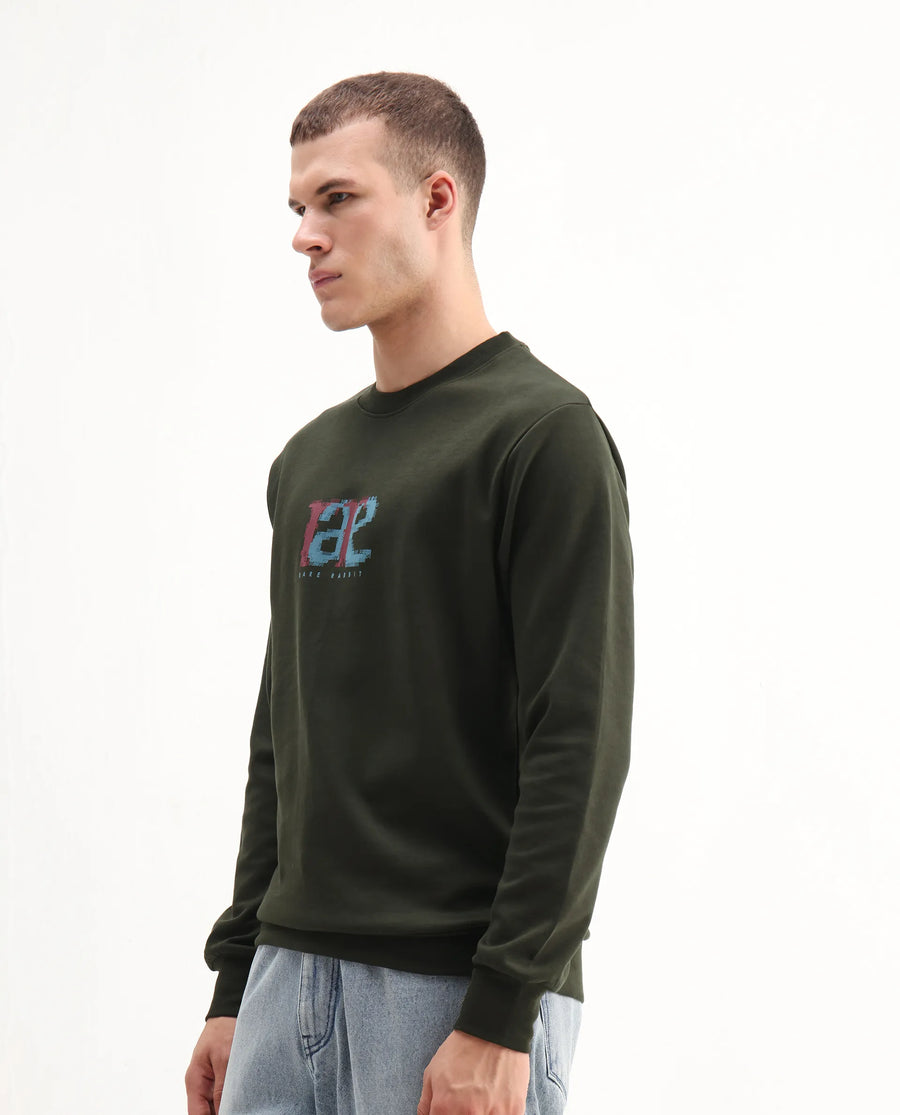 Rare Rabbit Men's Pixen Dark Olive Cotton Blend Graphic Print Regular Fit Full Sleeve Crew Neck Sweatshirt