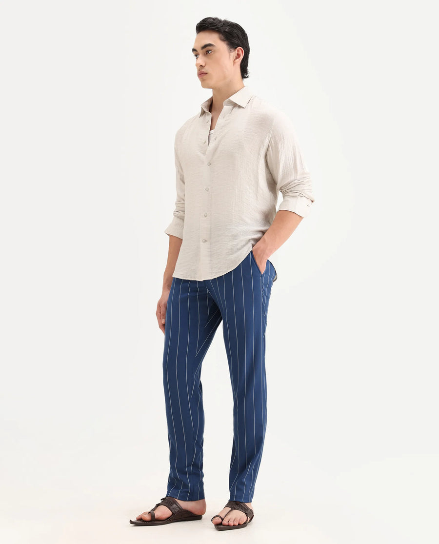 Rare Rabbit Men's Pixie Dark Blue Polyester Striped Print Regular Fit Trouser