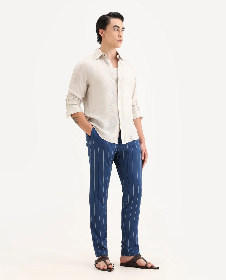 Rare Rabbit Men's Pixie Dark Blue Polyester Striped Print Regular Fit Trouser