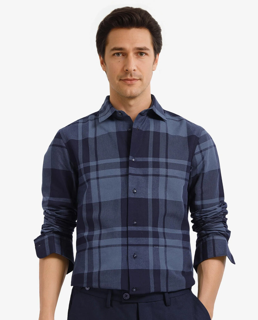 Rare Rabbit Men's Planos Dark Grey Cotton Checked Print Regular Fit Full Sleeve Collared Shirt