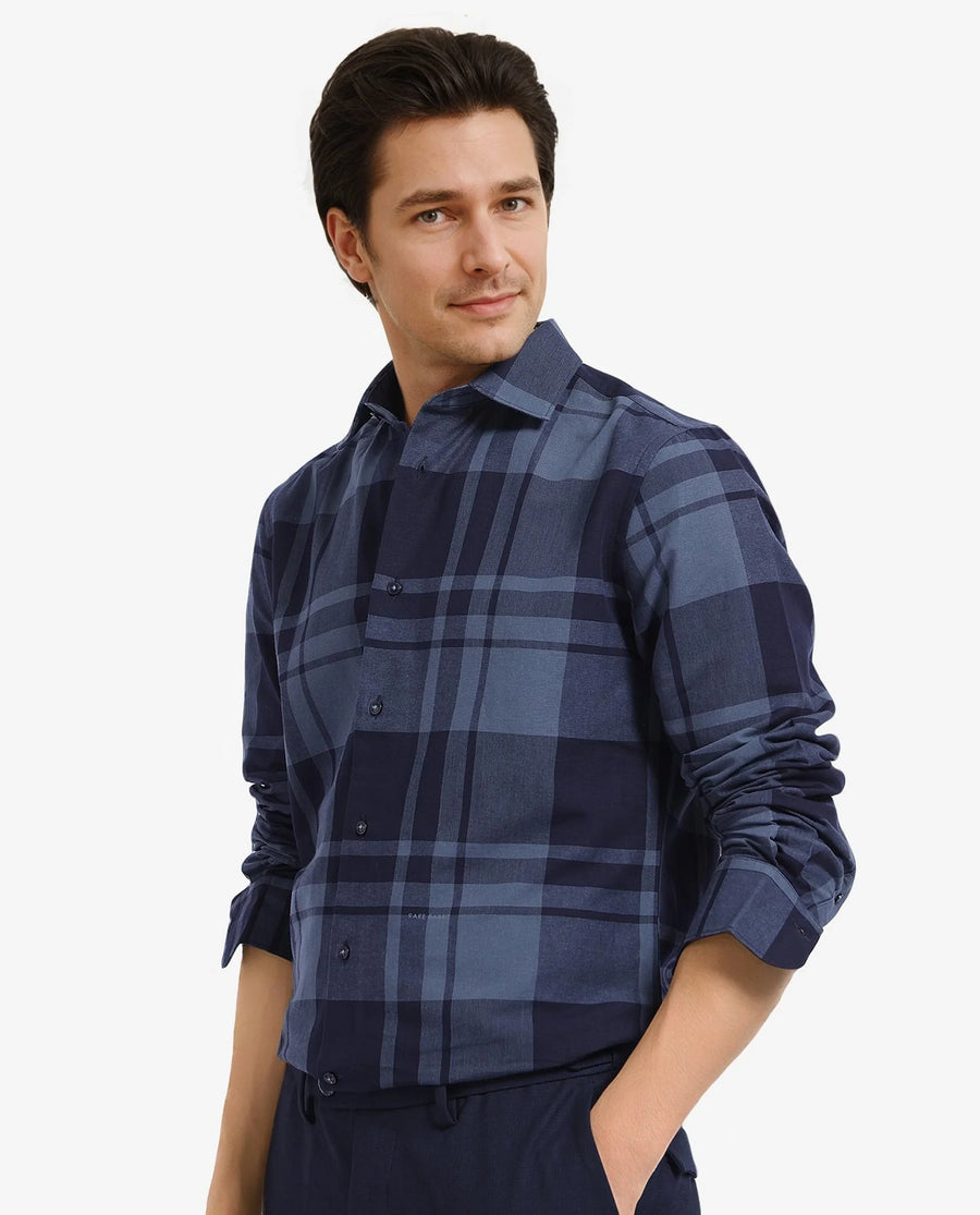 Rare Rabbit Men's Planos Dark Grey Cotton Checked Print Regular Fit Full Sleeve Collared Shirt