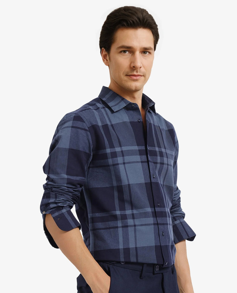 Rare Rabbit Men's Planos Dark Grey Cotton Checked Print Regular Fit Full Sleeve Collared Shirt