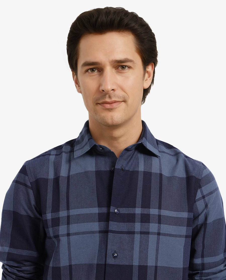 Rare Rabbit Men's Planos Dark Grey Cotton Checked Print Regular Fit Full Sleeve Collared Shirt