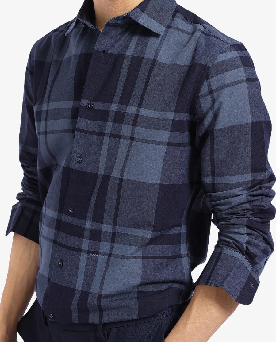 Rare Rabbit Men's Planos Dark Grey Cotton Checked Print Regular Fit Full Sleeve Collared Shirt