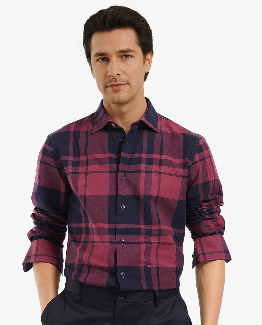 Rare Rabbit Men's Planos Maroon Cotton Checked Print Regular Fit Full Sleeve Collared Shirt