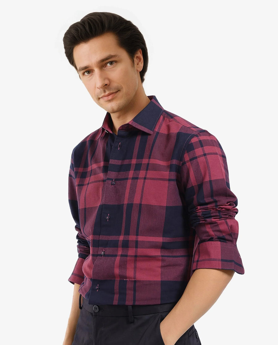 Rare Rabbit Men's Planos Maroon Cotton Checked Print Regular Fit Full Sleeve Collared Shirt