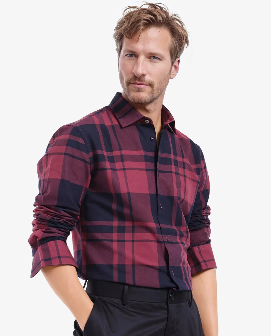 Rare Rabbit Men's Planos Maroon Cotton Checked Print Regular Fit Full Sleeve Collared Shirt