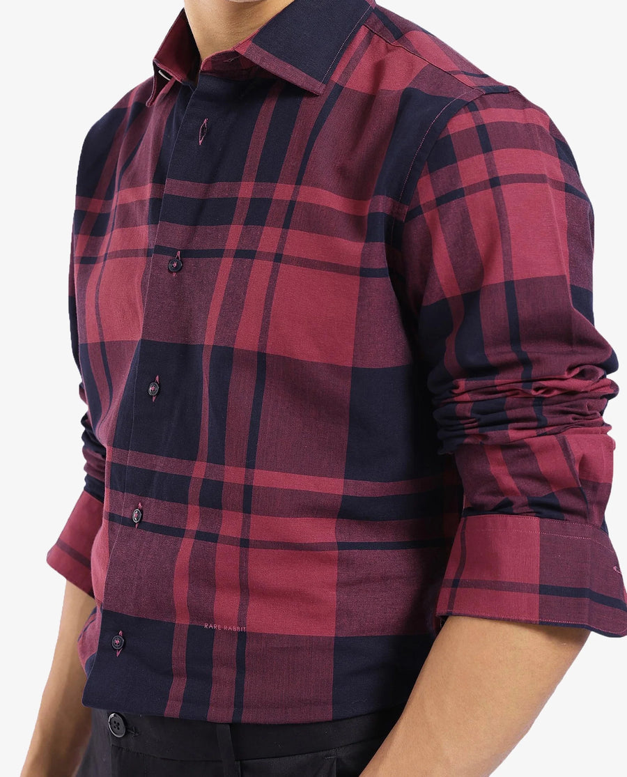 Rare Rabbit Men's Planos Maroon Cotton Checked Print Regular Fit Full Sleeve Collared Shirt