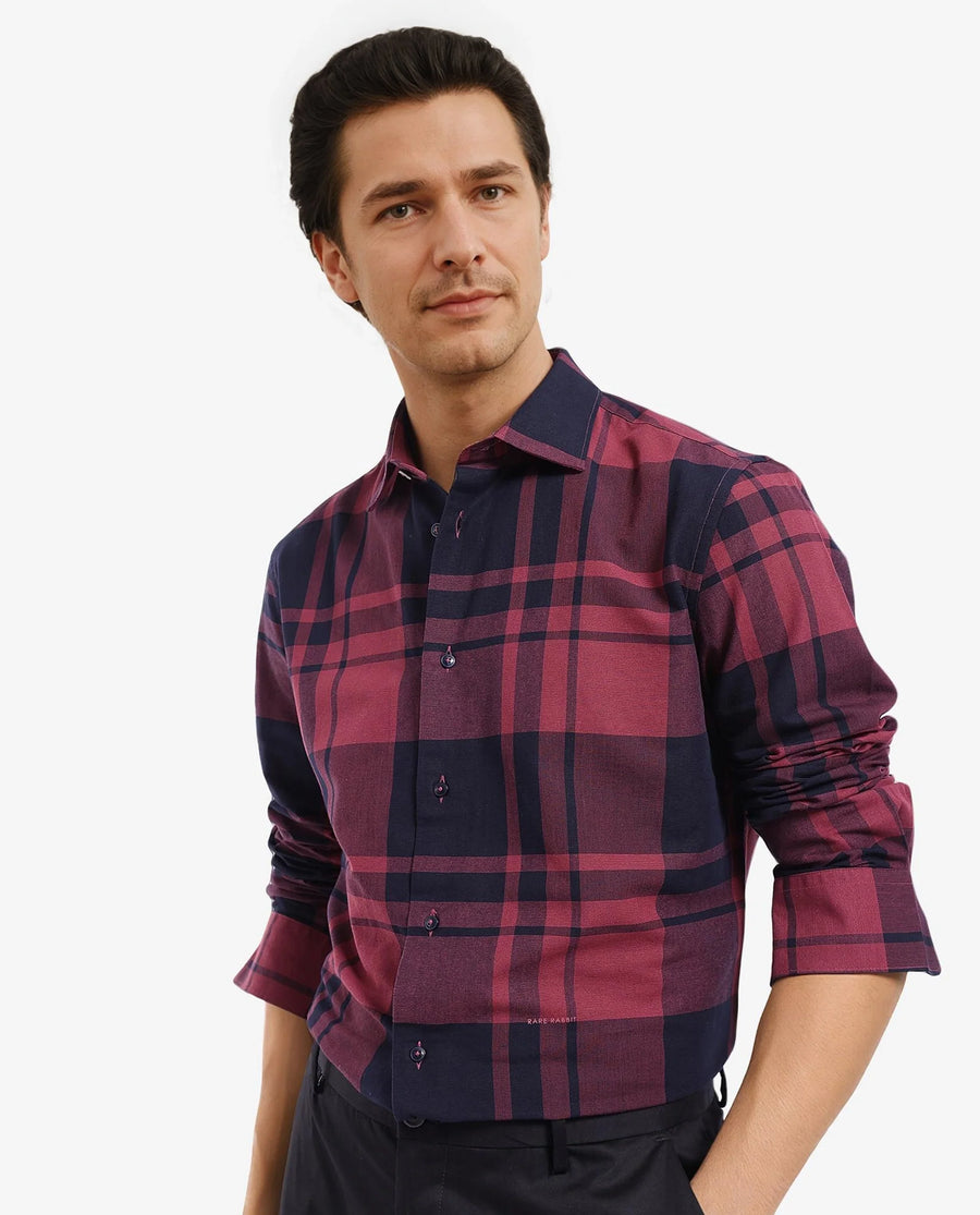 Rare Rabbit Men's Planos Maroon Cotton Checked Print Regular Fit Full Sleeve Collared Shirt