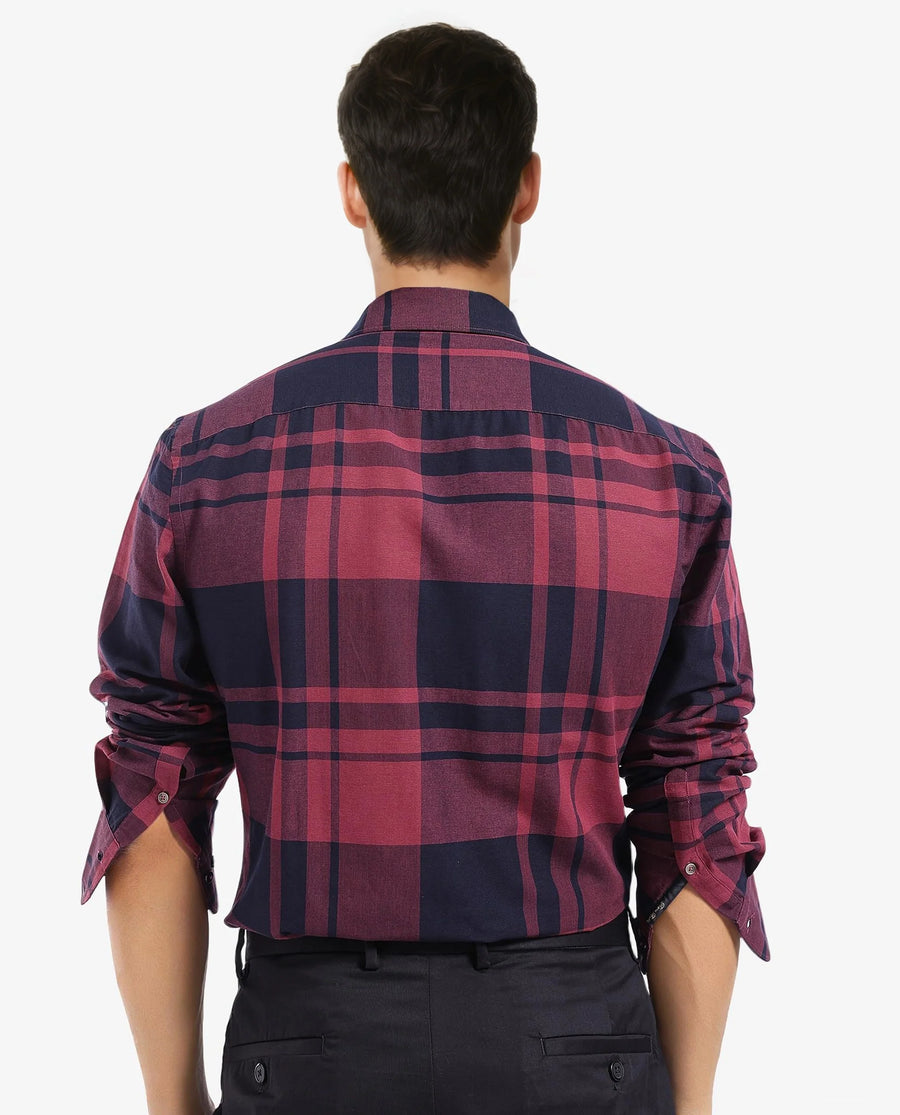 Rare Rabbit Men's Planos Maroon Cotton Checked Print Regular Fit Full Sleeve Collared Shirt