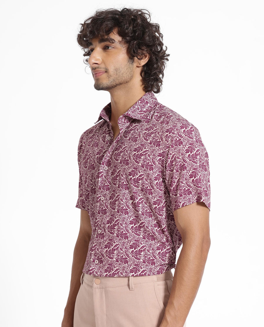 Rare Rabbit Men's Planto Purple Viscose Floral Print Regular Fit Half Sleeve Collared Shirt