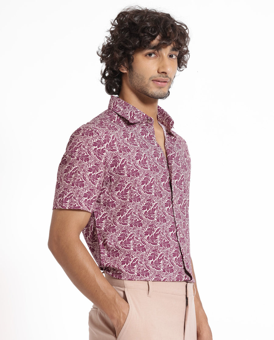 Rare Rabbit Men's Planto Purple Viscose Floral Print Regular Fit Half Sleeve Collared Shirt