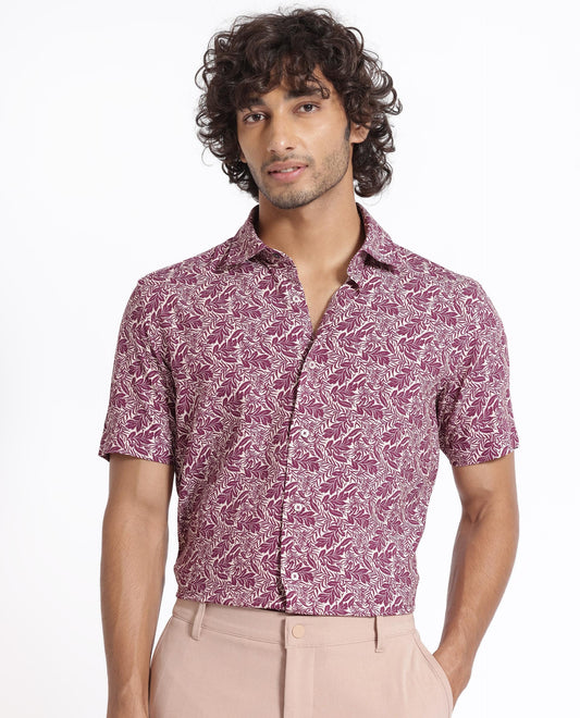 Rare Rabbit Men's Planto Purple Viscose Floral Print Regular Fit Half Sleeve Collared Shirt