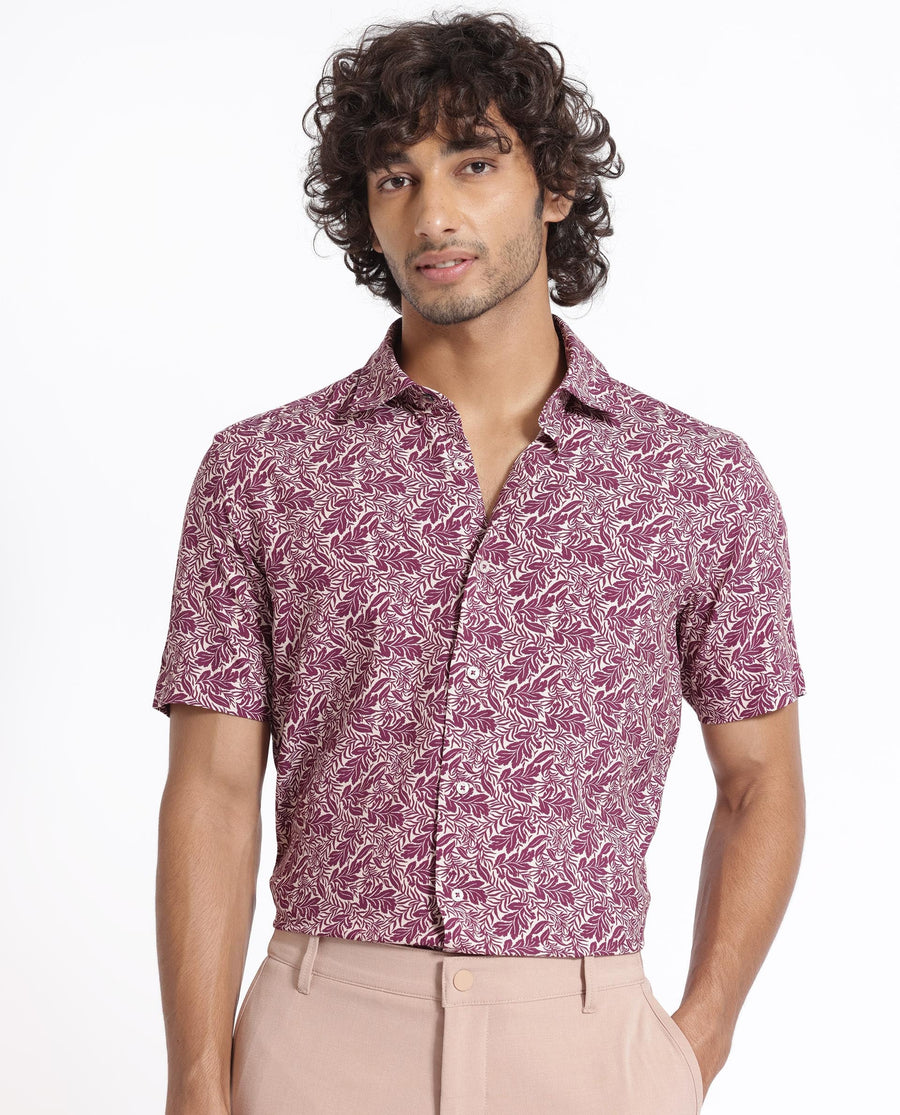 Rare Rabbit Men's Planto Purple Viscose Floral Print Regular Fit Half Sleeve Collared Shirt