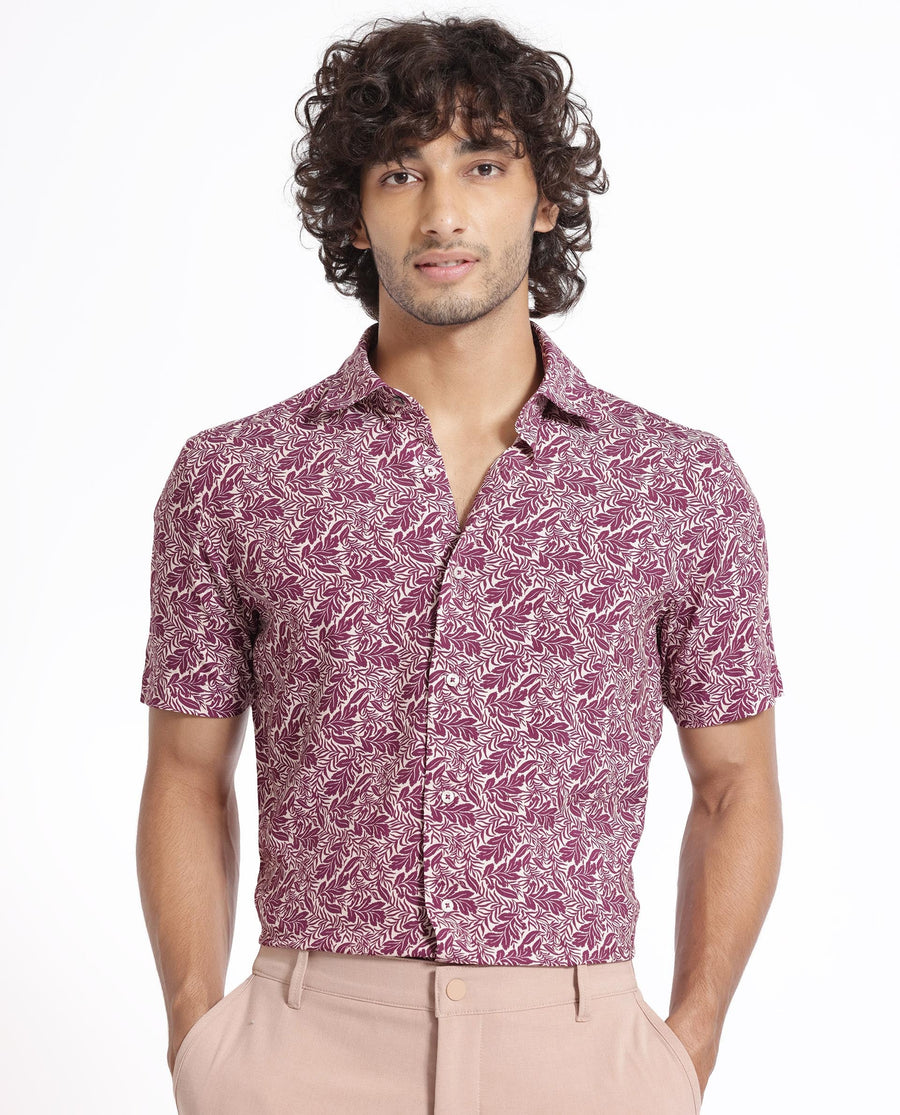Rare Rabbit Men's Planto Purple Viscose Floral Print Regular Fit Half Sleeve Collared Shirt
