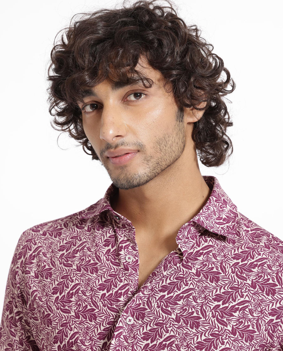 Rare Rabbit Men's Planto Purple Viscose Floral Print Regular Fit Half Sleeve Collared Shirt