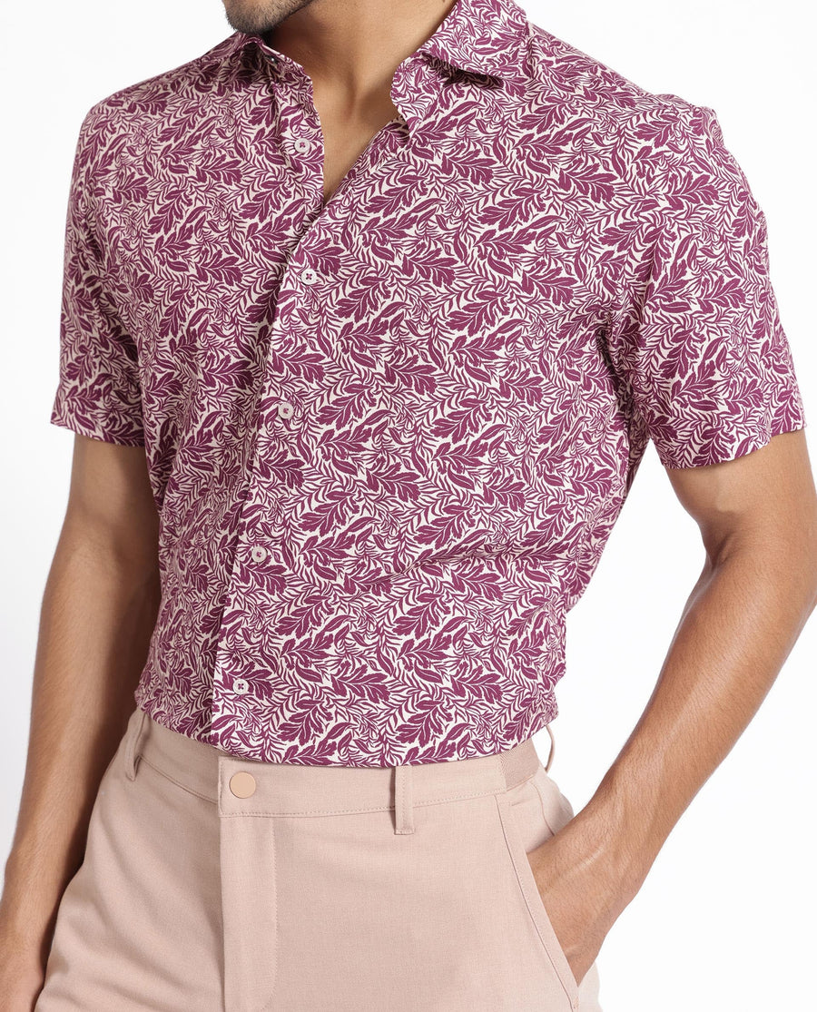 Rare Rabbit Men's Planto Purple Viscose Floral Print Regular Fit Half Sleeve Collared Shirt