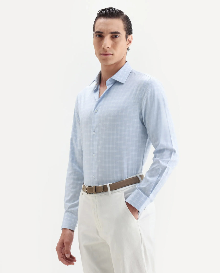 Rare Rabbit Men's Plid Blue Cotton Fabric Collared Neck Regular Fit Checks Shirt
