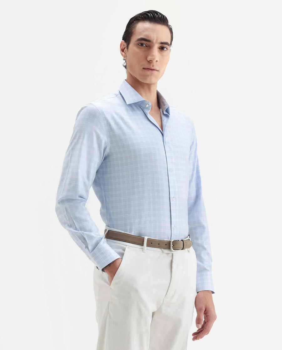 Rare Rabbit Men's Plid Blue Cotton Fabric Collared Neck Regular Fit Checks Shirt