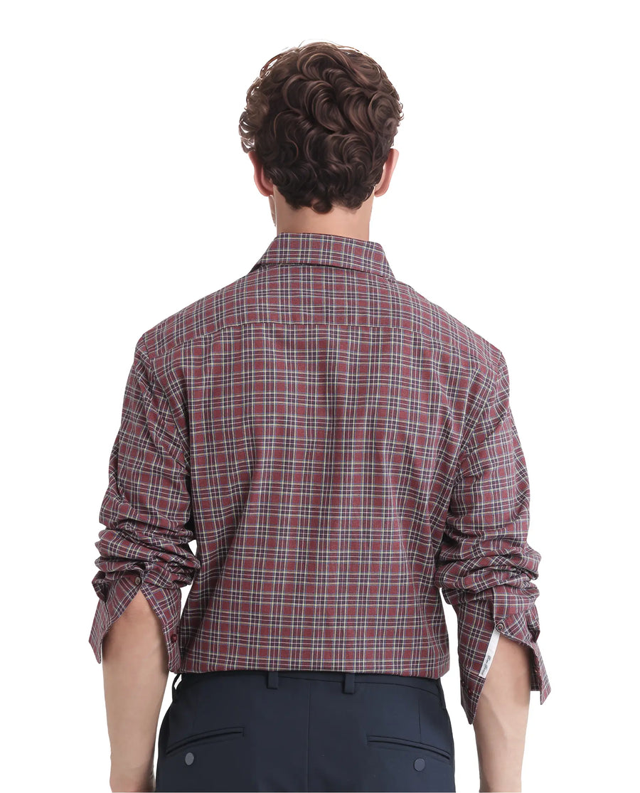 Rare Rabbit Men's Plix Maroon Cotton Checked Print Regular Fit Full Sleeve Collared Shirt