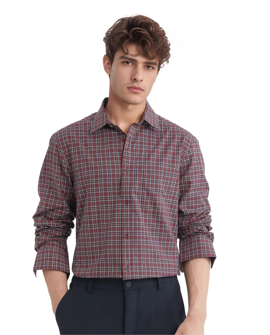 Rare Rabbit Men's Plix Maroon Cotton Checked Print Regular Fit Full Sleeve Collared Shirt