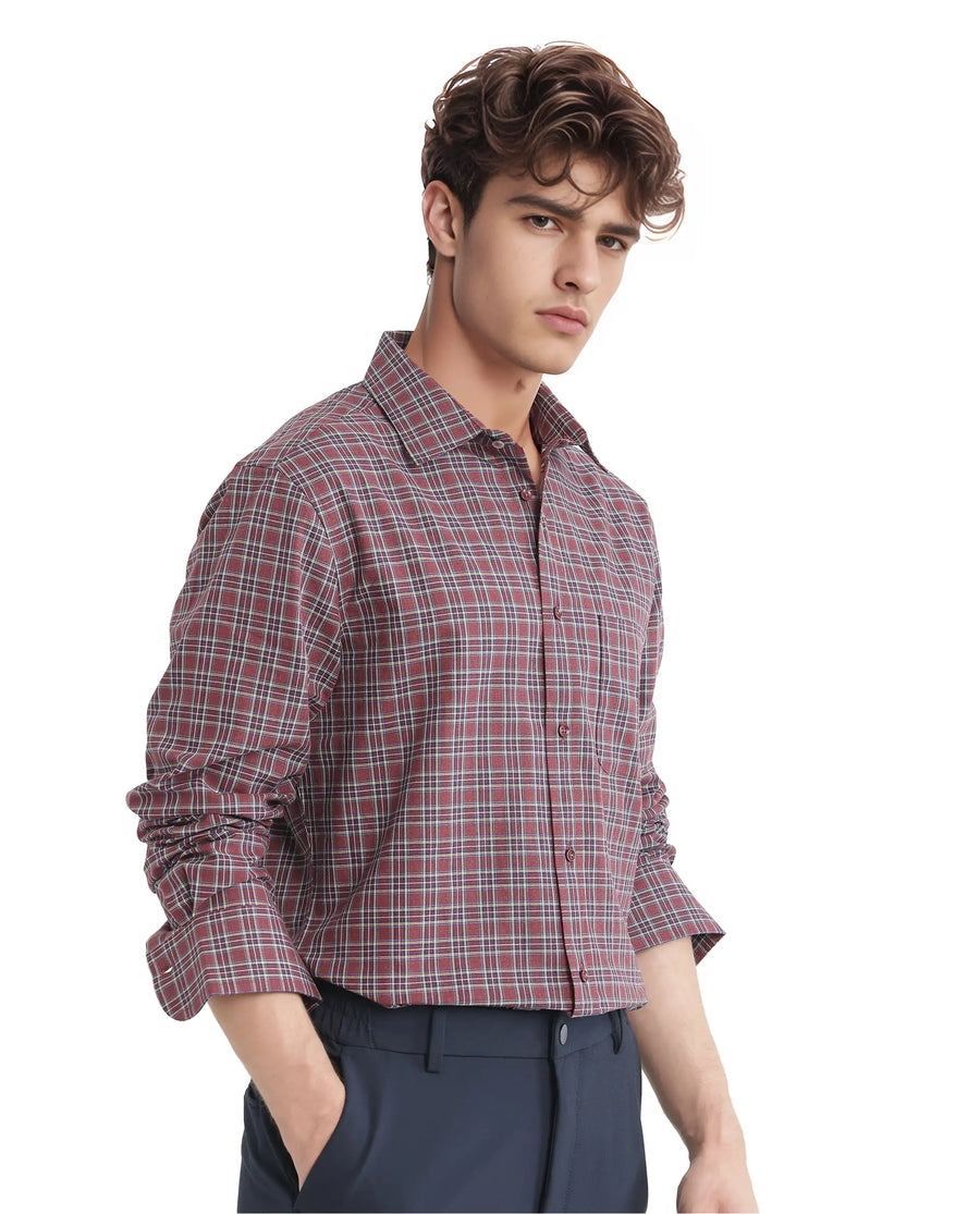 Rare Rabbit Men's Plix Maroon Cotton Checked Print Regular Fit Full Sleeve Collared Shirt