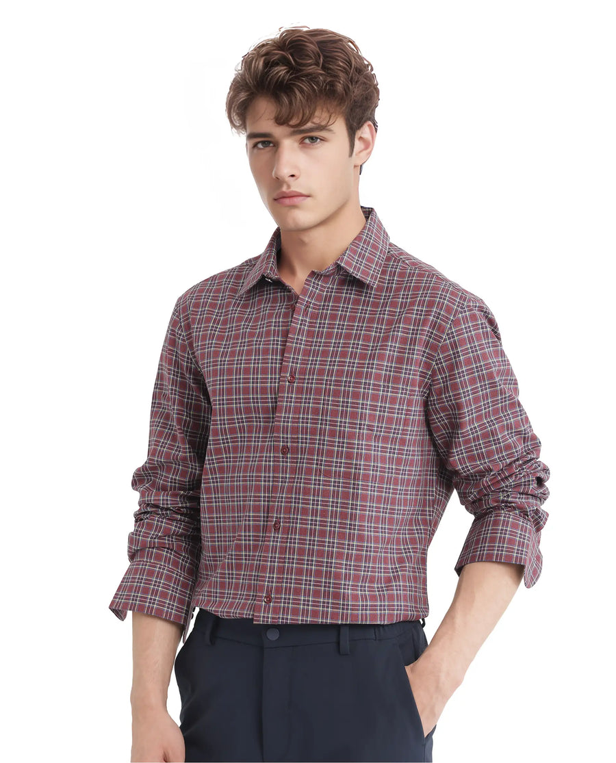 Rare Rabbit Men's Plix Maroon Cotton Checked Print Regular Fit Full Sleeve Collared Shirt